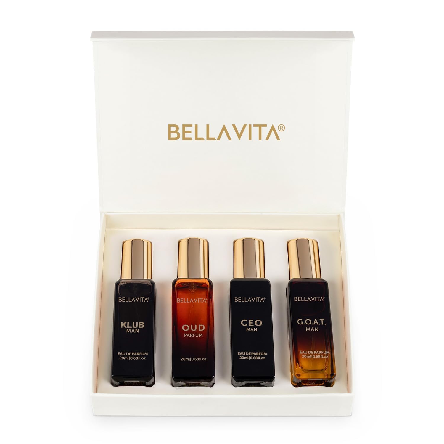 Bella Vita Luxury | Long Lasting Men Perfume Gift Set | 4x20ml | Perfume for Man | Gift for Man | Woody, Citrusy, Oud Premium Fragrance | KLUB, OUD, CEO, G.O.A.T