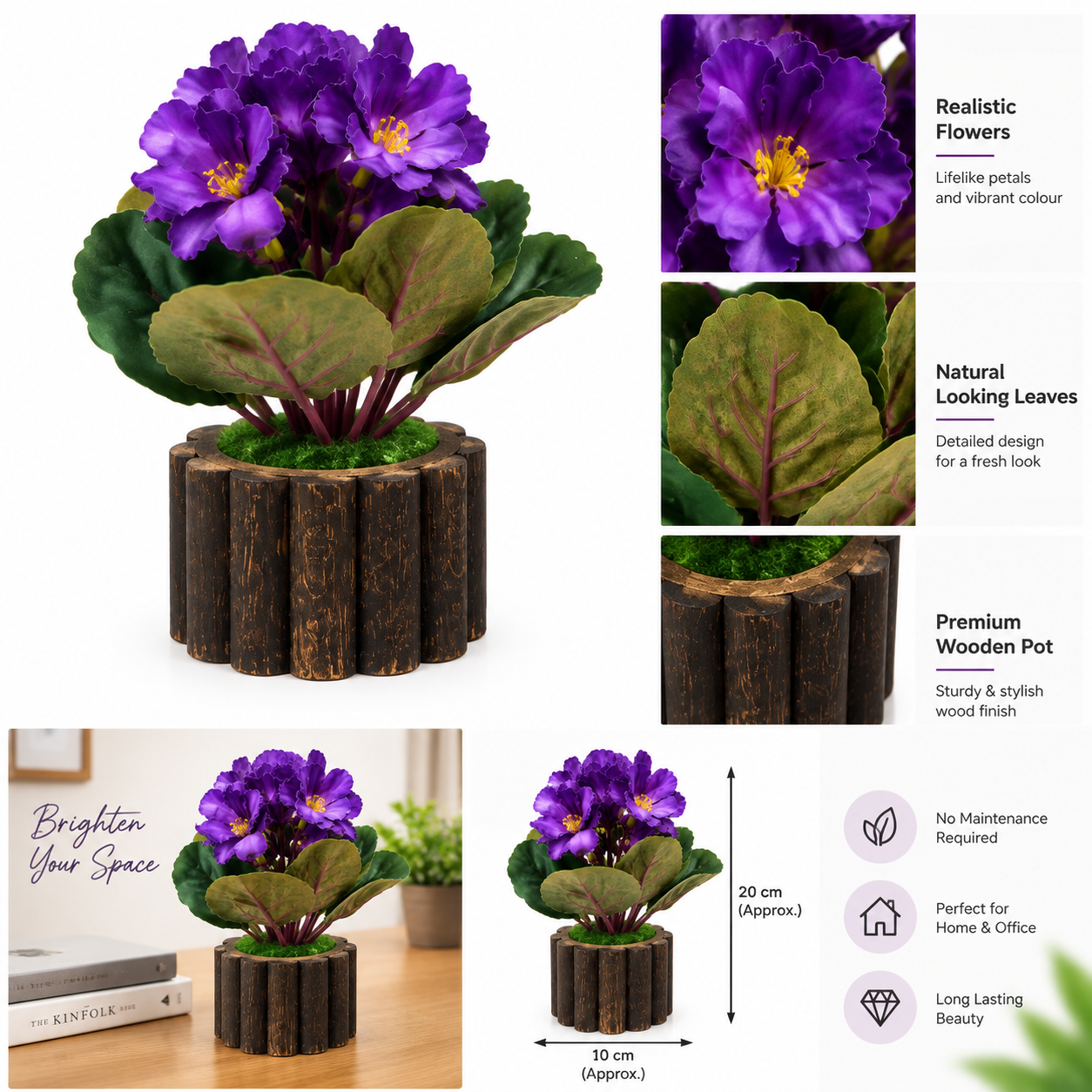 Artificial Purple Flower Plant with Decorative Wooden Pot