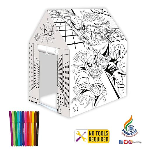 RATNA'S My Colouring Hut Disney Marvel Play Tent (36 x 29 x 40 cm) DIY Kit Washable&Re-usable for Kids 3+ Yrs (Spiderman), Tent House Theme