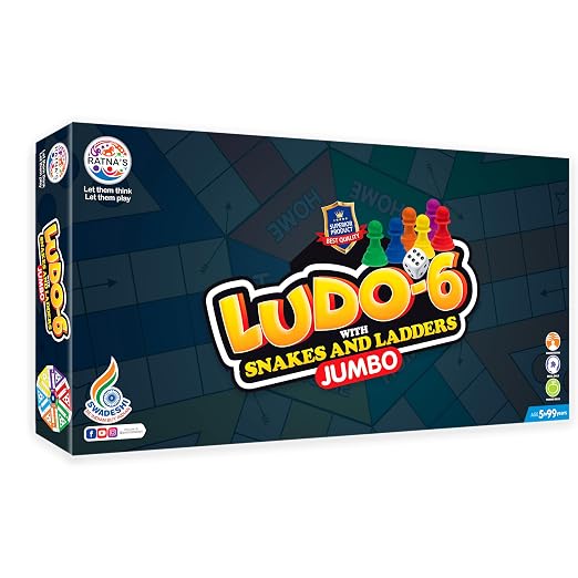 Ratna's Ludo-6 with Snakes & Ladders Jumbo Size Board Game, Double-Sided, Traditional Family Game