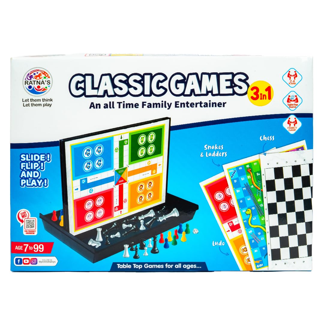  Ratna's Classic Games 3 in 1 Family Entertainer Table Top Board Games with Chess, Snakes & Ladders, Ludo for Ages 7-99 Years