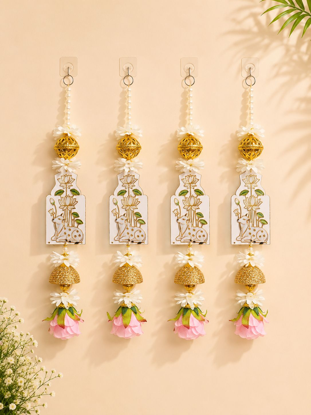 Artificial Lotus Flower Hanging with Golden Bells & Pichwai-Style Deer Motif 1.5FT RATE OF PAIR