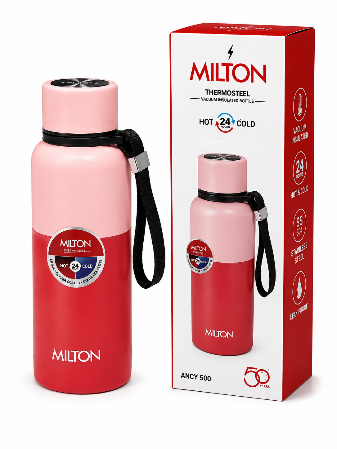 Milton Thermosteel Ancy 500 Vacuum Insulated Water Bottle | 500 ml | Stainless Steel | Hot & Cold | Leak Proof