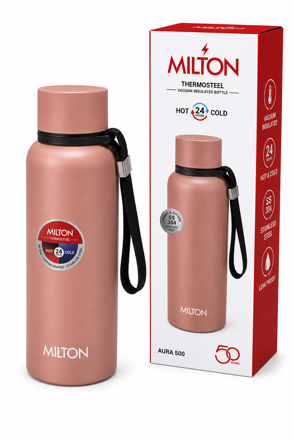 Milton Thermosteel Aura 500 Vacuum Insulated Water Bottle | 500 ml | Stainless Steel | Hot & Cold | Leak Proof
