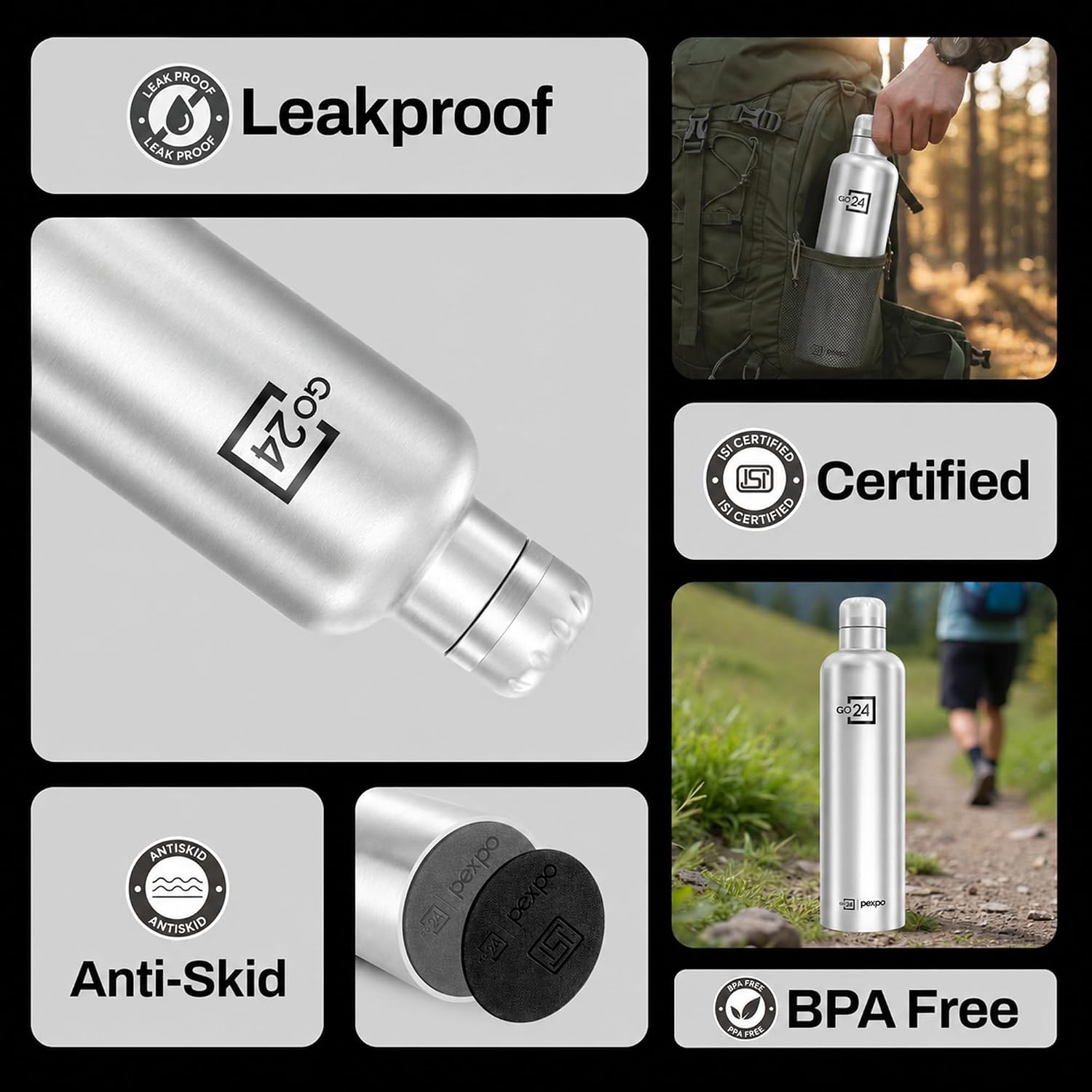  Go24 pexpo Stainless Steel Insulated Flask Orio Silver 980ml | Hot and Cold Flask | ISI Certified Steel Bottle | 3 Layer Insulation | Leakproof | For Home,...